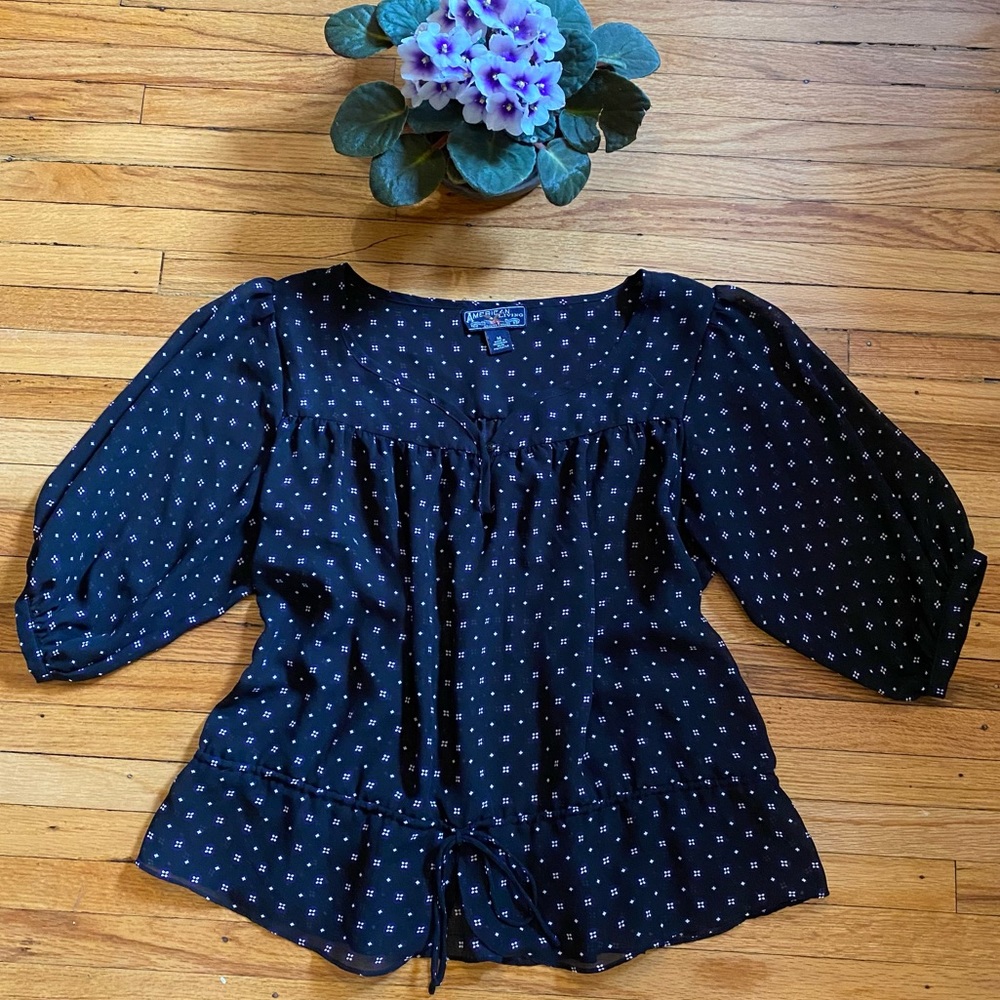 American Living Blouse, Geometric Print, Tie Waist, Boho Vintage